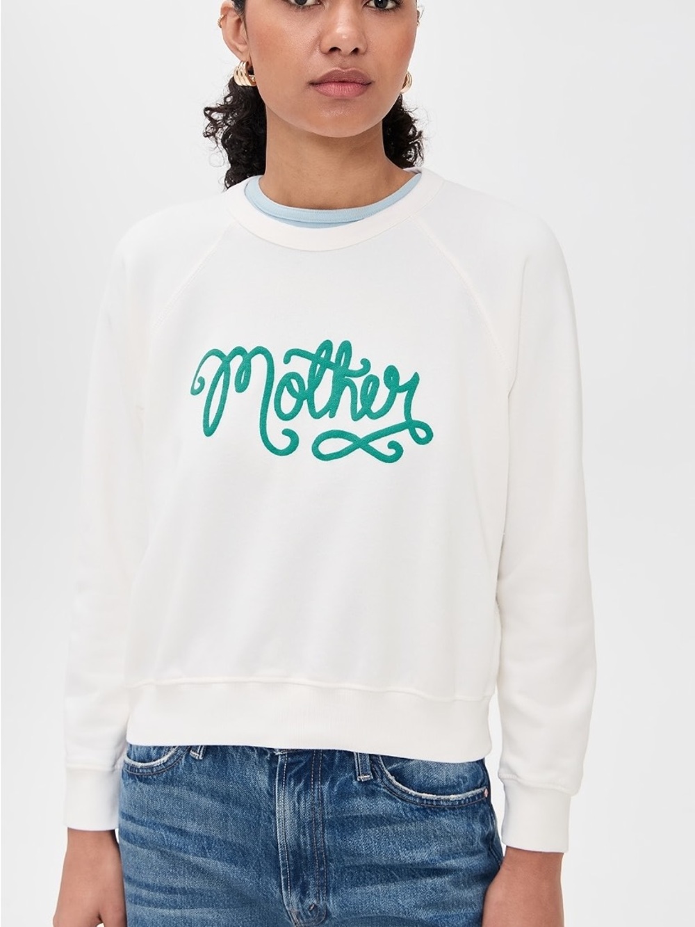 MOTHER White Crewneck Sweatshirt with Green Script Logo